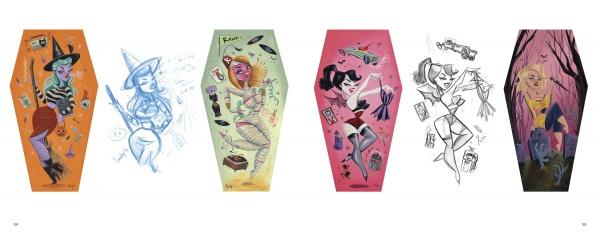 Five vibrant illustrations from "She's a Wildcat!" by Schiffer Publishing, Ltd. feature women in Halloween costumes with pop surrealist flair, framed by coffin shapes and themed objects. Two of the five artworks are partially sketched.