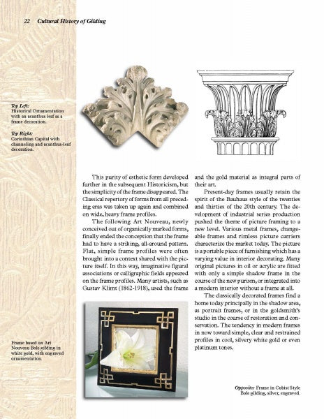 A magazine page from "GOLD" by Schiffer Publishing, Ltd. features ornate gilded designs, two decorative capitals, a gilded picture frame, and text about the history of gold and gilding in art and architecture.