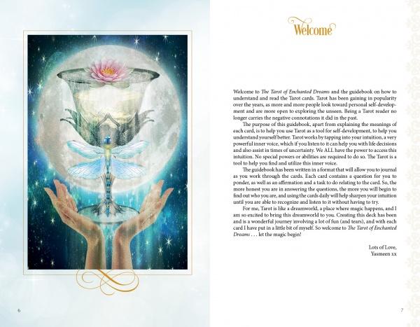 An illustrated dragonfly rests on a sparkling chalice held by two hands, topped by a lotus. On the right, elegant text welcomes readers to The Tarot of Enchanted Dreams by Schiffer Publishing, Ltd., on a white background with golden accents.