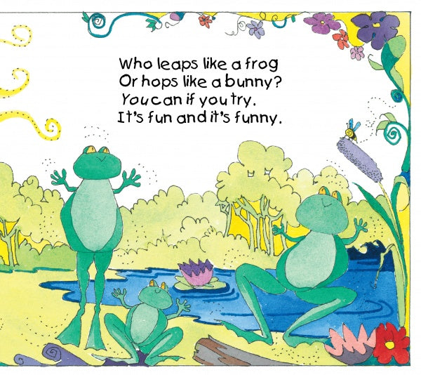 In Busy Bodies by Schiffer Publishing, Ltd., three green frogs leap by the pond, surrounded by flowers and reeds, while a butterfly hovers above. This playful picture book invites kids to hop, leap, and laugh—making exercise fun!.