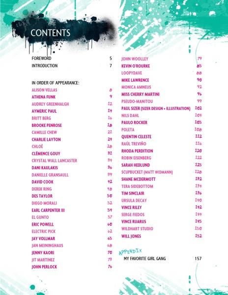 The "Roller Derby / Girl Gang" table of contents by Schiffer Publishing, Ltd. features a teal paint splatter and roller derby art. Two pink columns list artists and page numbers on white, with a black paint splatter in the top left corner.