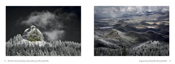 Two landscape photos: the left features a snow-covered rocky peak framed by frosty trees and mist; the right spotlights Southern Oregon by Schiffer Publishing, Ltd., with sunlit rolling hills beneath a dramatic sky.