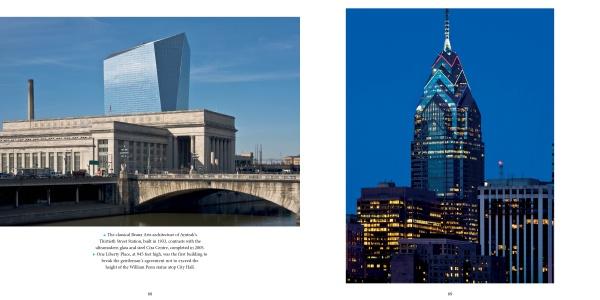 Left: A modern skyscraper rises behind a neoclassical building by the river, reflecting Philadelphia’s historic blend of eras. Right: An illuminated tower at dusk captures the city's scenic charm. Product: Philadelphia by Schiffer Publishing, Ltd.