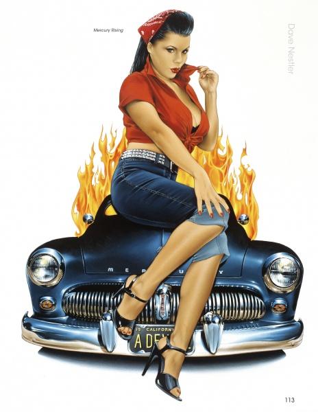 A confident woman in pin-up attire poses before a black Mercury with flames, evoking classic allure as celebrated in The Contemporary Illustrated Pin-up by Schiffer Publishing, Ltd.