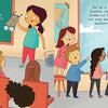 In a colorful classroom scene from "Geraldine and the Most Spectacular Science Project" by Schiffer Publishing, Ltd., a young inventor presents her device as excited classmates line up to try it, while others and a teacher watch with interest.