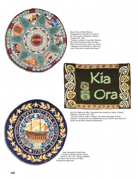Three colorful embroidered patches inspired by fiber arts, featured in "Hooked Rugs Today IV" by Schiffer Publishing, Ltd., are shown on a white background: two circular and one rectangular, each with unique designs and text.