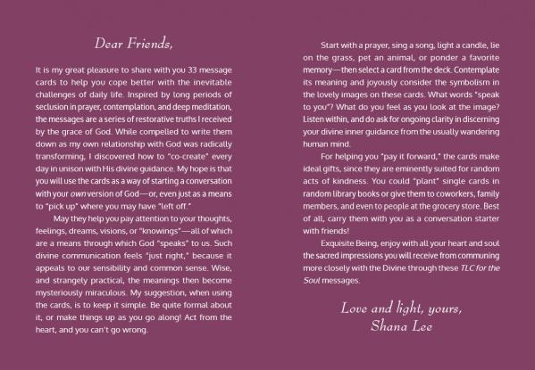 A mauve card presents a letter from Shana Lee introducing TLC for the Soul by Schiffer Publishing, Ltd.—a 33-card deck designed for daily guidance, reflection, and comfort with uplifting messages to encourage your spiritual practice.
