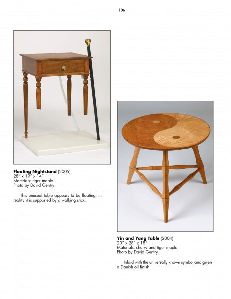The Studio Furniture by Schiffer Publishing, Ltd. pairs a wooden nightstand with slender legs and cane support beside a round table in a yin-yang maple design, all showcased on a plain white background.