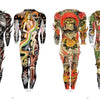Four colorful bodysuit designs—skull with horns, woman with snakes, crowned figure with roses and castle, and tiger with clouds and flames—showcase tattoo art in "Slave to the Needle" by Schiffer Publishing, Ltd.
