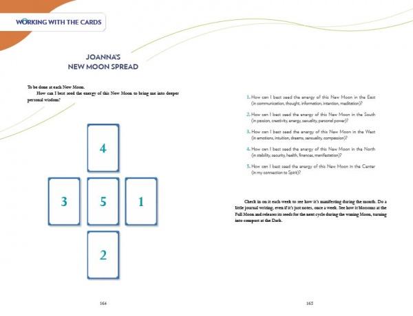 A five-card cross spread using the Gaian Tarot by Schiffer Publishing, Ltd. appears left; right side lists numbered questions for each card—Joanna's New Moon Spread—set in blue and green text on a white background.