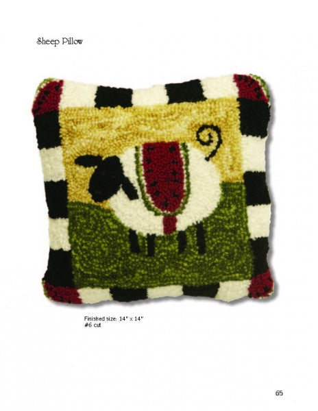 The "How to Hook Rugs" pillow by Schiffer Publishing, Ltd. showcases a white sheep with a black face and legs on a green and yellow background, accented with a black and white striped border and red corners.