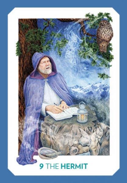 An elderly man in a purple cloak writes in a book on a stone table by a tree. A Gaian Tarot card (Schiffer Publishing, Ltd.) lies nearby, as an owl watches from above and snowy mountains rise beneath the night sky.