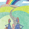 In "Don't Be a Schwoe" by Schiffer Publishing, Ltd., three cartoon characters with suitcases walk a winding road through green hills toward a rainbow, embracing differences as they journey together under a sparkling blue sky—ideal for children's books or early readers.