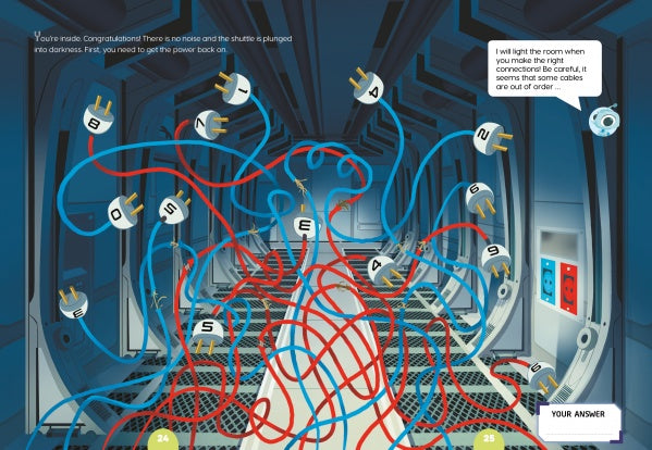 A network of colorful wires and lettered plugs fills the room, while control panels line the walls. A message challenges you to restore shuttle power in Schiffer Publishing, Ltd.'s Escape Game Adventure: Trapped in Space.