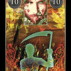 A Lenormand Cartomancy card by Schiffer Publishing, Ltd. depicts a green, faceless scythe-bearer amid vibrant plants and swirls, with a heart above and the number 10 in black circles on the upper corners.