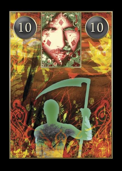A Lenormand Cartomancy card by Schiffer Publishing, Ltd. depicts a green, faceless scythe-bearer amid vibrant plants and swirls, with a heart above and the number 10 in black circles on the upper corners.