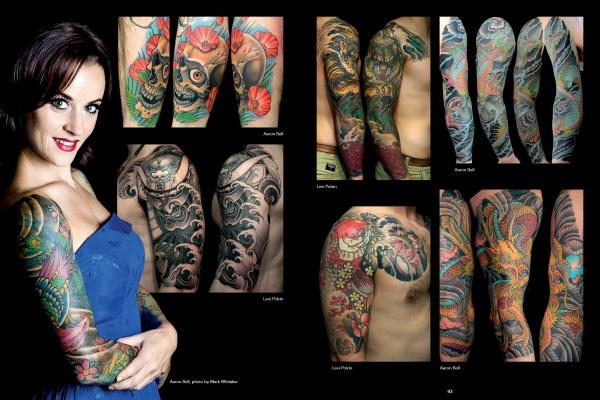 A woman with vibrant sleeve tattoos poses in a blue dress, surrounded by close-ups of bold tattoo and bodysuit art from "Slave to the Needle" by Schiffer Publishing, Ltd., all set against a black background.