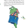 A green frog in blue overalls and a red-and-white striped shirt stands on grass, gazing up as a dragonfly hovers nearby. Text above features a conversation on friendship and apologizing from "The Silly Looking Thing" by Schiffer Publishing, Ltd.