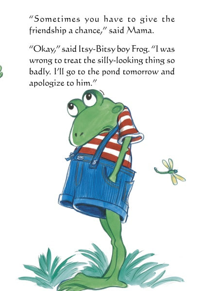 A green frog in blue overalls and a red-and-white striped shirt stands on grass, gazing up as a dragonfly hovers nearby. Text above features a conversation on friendship and apologizing from "The Silly Looking Thing" by Schiffer Publishing, Ltd.