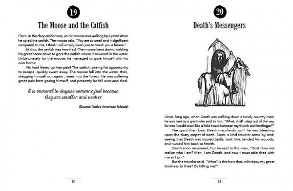 From Schiffer Publishing, Ltd.'s "50 Famous Fables and Folk Tales": one page features “The Moose and the Catfish,” a moose and catfish fable; the other, “Death’s Messengers,” shows a hooded figure with a scythe.