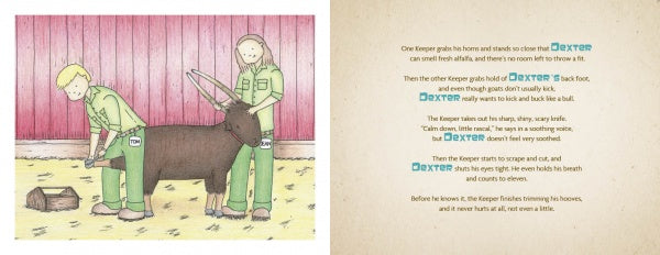 A woman, inspired by "Dexter the Very Good Goat" from Schiffer Publishing, Ltd., smiles gently as she embraces a goat.
