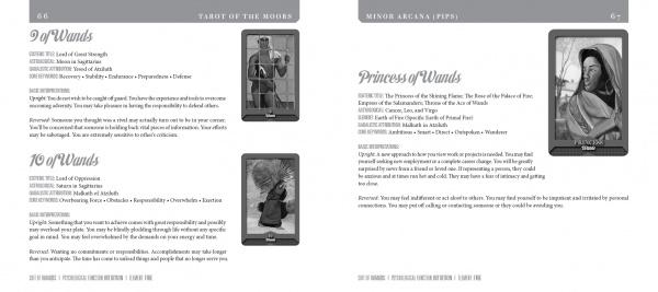 Two open book pages from Tarot of the Moors by Schiffer Publishing, Ltd. show the 9 and 10 of Wands and Princess of Wands, each with a grayscale illustration and detailed upright and reversed meanings from this unique tarot set.