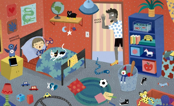 In Shhh by Schiffer Publishing, Ltd., a toddler wakes up in a colorful, toy-filled room with books scattered about. A cat naps on the bed as an adult knocks on the door—making this lively scene perfect for children's picture book fans.