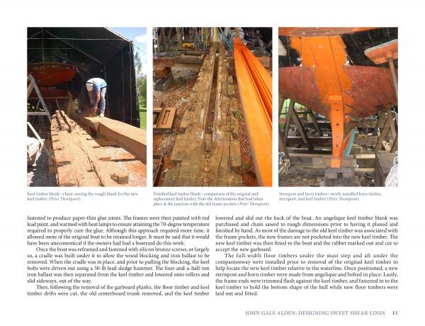 Images show the construction stages of classic sailing yachts featured in "Great American Schooner Yachts" by Schiffer Publishing, Ltd.—from raw timber to a finished orange hull—with text below detailing the boatbuilding process.