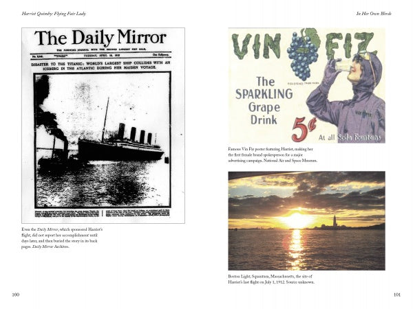 A book spread features a vintage Titanic newspaper clipping on the left, Harriet Quimby (by Schiffer Publishing, Ltd.) enjoying a sparkling grape drink on the top right, and a sunset with a lighthouse over water on the bottom right.