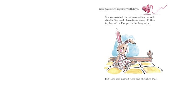 A page from "Unraveling Rose" by Schiffer Publishing, Ltd. shows a brown stuffed rabbit with long ears on a yellow cushion, named Rose, beside a pink heart and needle and thread illustration.