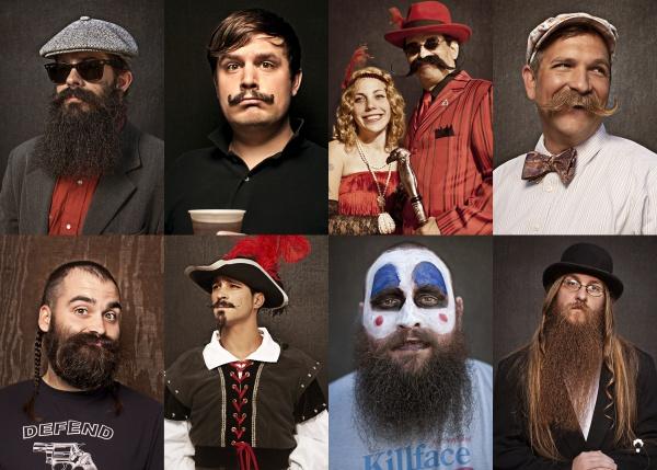 Art of the Beard by Schiffer Publishing, Ltd. features a collage of eight people with creative beards and mustaches, some in costumes or makeup, playfully celebrating pogonotrophy’s unique and elaborate facial hairstyles.