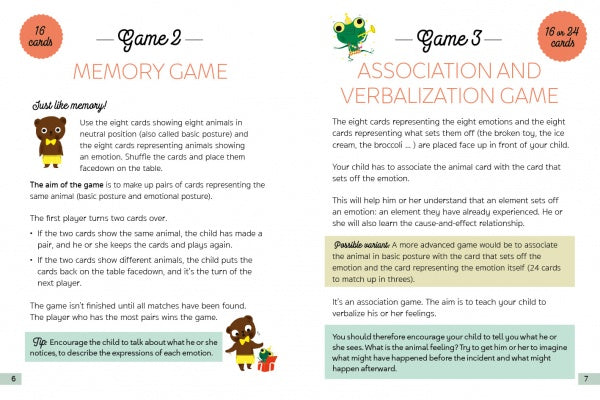 Two pages from Little Box of Emotions by Schiffer Publishing, Ltd.: Page 6 has a self-awareness card matching game about animal emotions with cartoon tips. Page 7 features a cartoon frog with an emotions association game for toddlers.