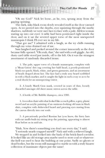 A page from "Lone Star Spooks" by Schiffer Publishing, Ltd. shows page 27 titled "They Call Her Wanda," featuring text that describes laughter, mannequins, odd objects, and ghostly sensations reminiscent of haunted Texas.