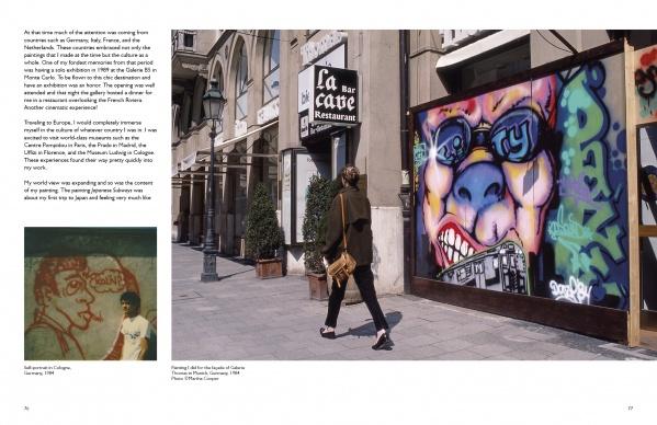 A woman walks by a vivid graffiti mural of a face on wooden panels outside “La Caffe” in NYC, featured in DAZEWORLD by Schiffer Publishing, Ltd. On the left, text and photos display more dynamic New York graffiti.