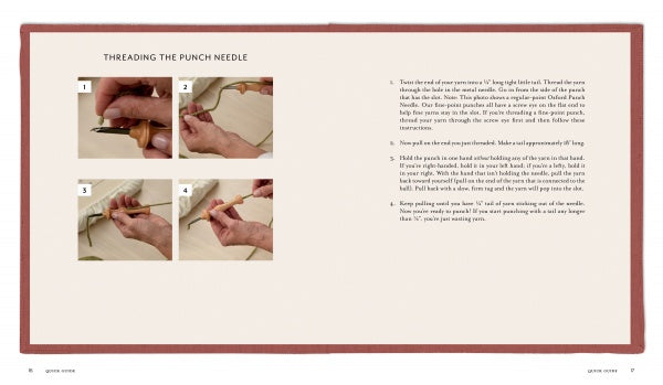 Schiffer Publishing, Ltd.’s Punch Needle Rug Hooking offers a step-by-step photo guide on threading a punch needle tool with yarn, featuring numbered images and detailed instructions—ideal for beginners interested in rug hooking.