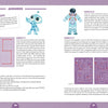 A book spread of Escape Game Adventure: Trapped in Space by Schiffer Publishing, Ltd. features answer keys, explanations, diagrams, and purple highlights for robot-themed puzzles. A blue and white robot toy appears atop the right page.
