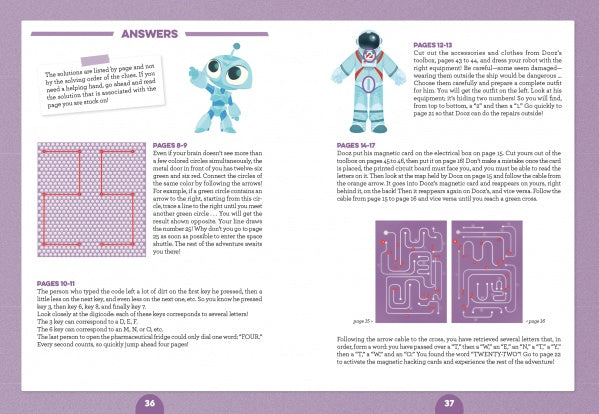 A book spread of Escape Game Adventure: Trapped in Space by Schiffer Publishing, Ltd. features answer keys, explanations, diagrams, and purple highlights for robot-themed puzzles. A blue and white robot toy appears atop the right page.