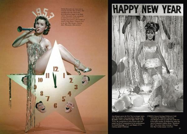 On the left, a woman in sparkles sits on a star-shaped 1953 clock, while on the right, another stands in a glittering dress under "Happy New Year"—from "Hollywood Celebrates the Holidays" by Schiffer Publishing, Ltd.