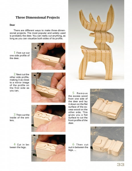 Step-by-step images and instructions from Schiffer Publishing, Ltd.’s "Scroll Saw Basics" show how to carve a wooden deer using scroll saw techniques, with a finished 3D deer and close-up tool shots included.
