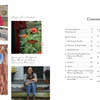 The Punch Needle Rug Hooking book by Schiffer Publishing, Ltd. features a contents page with photos of two women rug hooking, a monarch butterfly on flowers, a weeping willow rug, and a woman smiling on porch steps with a mug.