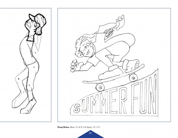 Two black-and-white drawings from Schiffer Publishing's "Caricatures in Motion": left, a person in a cap and shorts covers their face; right, joyful skateboarders over "SUMMER FUN"—perfect wood carving pattern inspiration.