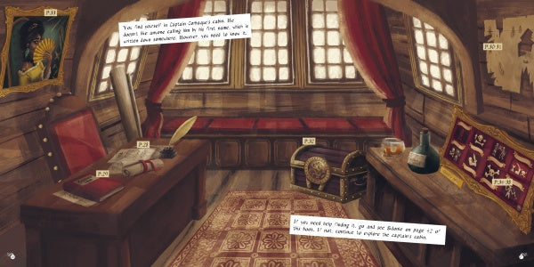 Pirates Escape Game by Schiffer Publishing, Ltd. features an illustrated pirate captain’s cabin with wooden walls, gold-framed portrait, treasure chest, desk, and shelves—plus handwritten notes—for an immersive educational puzzle adventure.