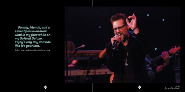 A man in black with sunglasses passionately sings on stage, making an OK gesture—a style favored by bikers. Musicians play under stage lights. Left text features "The Meaning of Life According to Bikers" by Schiffer Publishing, Ltd.