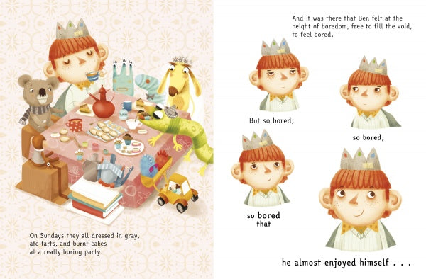 King of Boredom" by Schiffer Publishing, Ltd. is a dyslexia-friendly picture book featuring animals and a boy in gray at a treat-filled table, capturing his growing boredom while celebrating individuality through expressive illustrations.