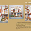 Three images depict a detailed miniature woodcarving from "Carving a 1930s Street Scene" by Schiffer Publishing, Ltd., featuring a white store with colorful signs, porch, and figurines in the classic Caricature Carvers of America style.
