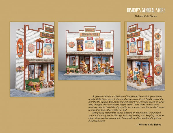 Three images depict a detailed miniature woodcarving from "Carving a 1930s Street Scene" by Schiffer Publishing, Ltd., featuring a white store with colorful signs, porch, and figurines in the classic Caricature Carvers of America style.