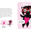 The "Little Box of Emotions" by Schiffer Publishing, Ltd. features a children’s book page with a black cat wearing heart-shaped glasses and a pink heart, plus speech bubbles, illustrations, and a matching game to help toddlers learn about emotions.
