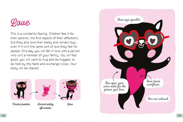 The "Little Box of Emotions" by Schiffer Publishing, Ltd. features a children’s book page with a black cat wearing heart-shaped glasses and a pink heart, plus speech bubbles, illustrations, and a matching game to help toddlers learn about emotions.