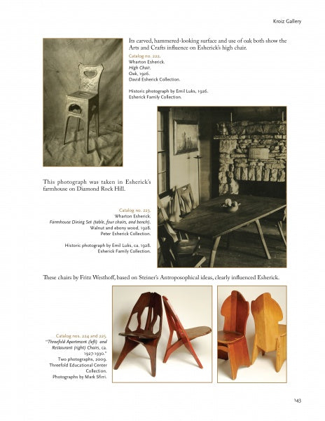 Wharton Esherick and the Birth of the American Modern by Schiffer Publishing, Ltd. features a collage of images and notes highlighting sculptural wooden chairs in a rustic farmhouse, inspired by American Modernism.