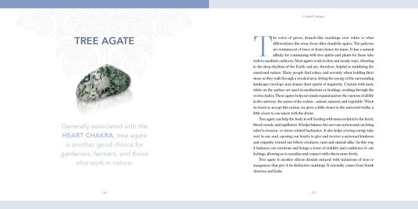 A spread from Schiffer Publishing, Ltd.'s "Crystal Rhythms" showcases Tree Agate, with a photo and text on its heart chakra connection and crystal healing benefits for gardeners, plus more info on the right page.